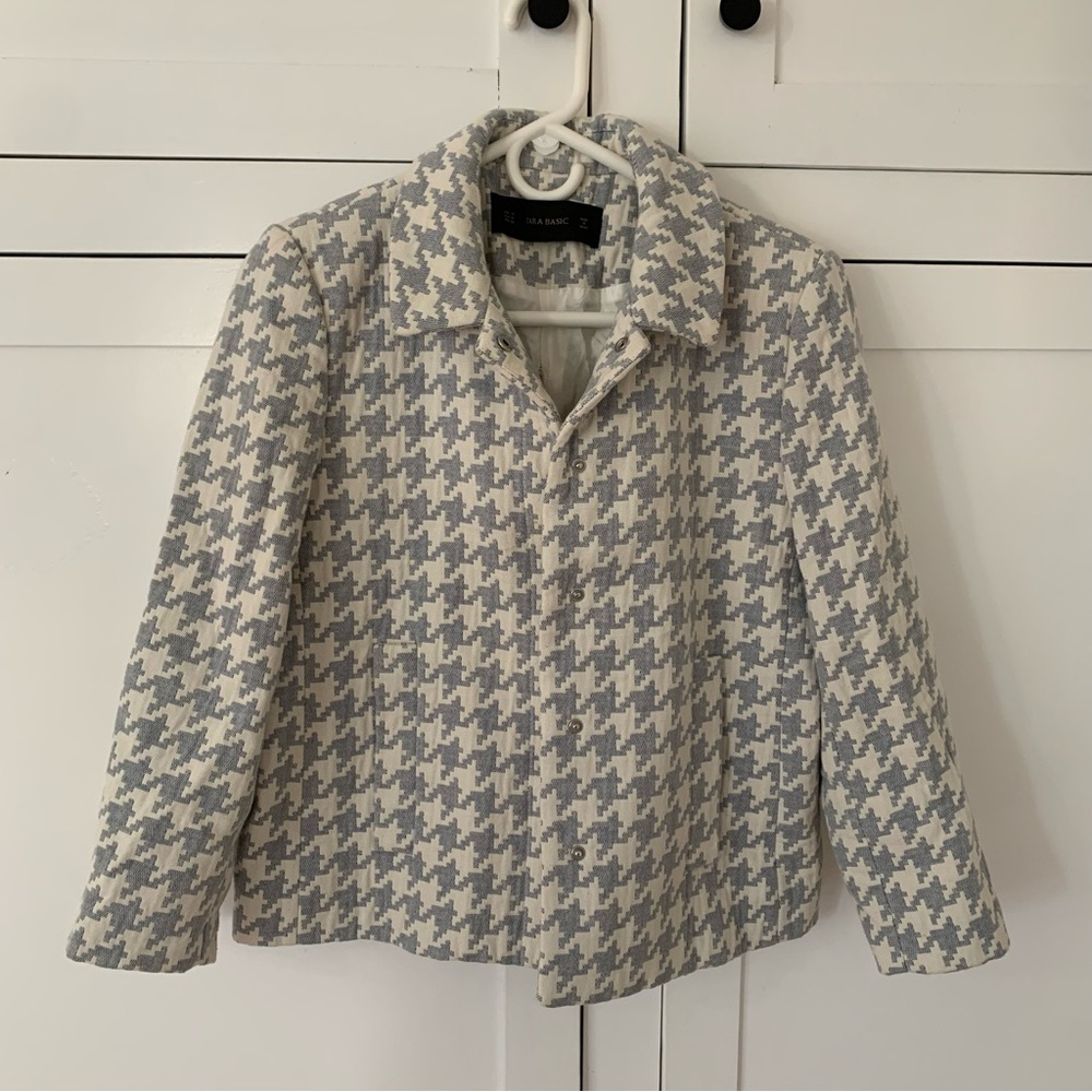 Zara Cream Baby Blue Houndstooth Crop Jacket Size Medium - Picture 11 of 12